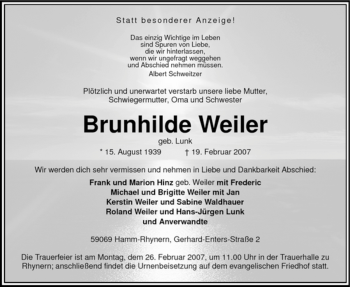 Traueranzeige von Brunhilde Weiler von WESTFÄLISCHER ANZEIGER
