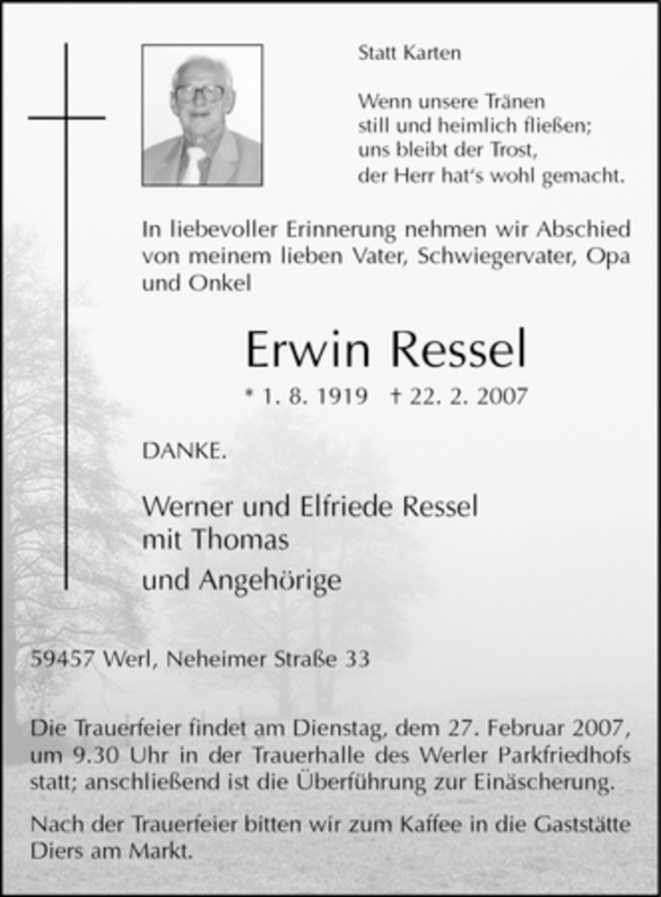  Traueranzeige für Erwin Ressel vom 24.02.2007 aus WESTFÄLISCHER ANZEIGER