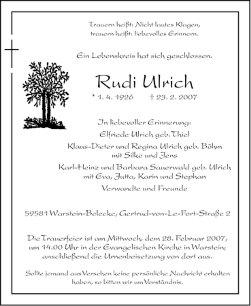  Traueranzeige für Rudi Ulrich vom 24.02.2007 aus WESTFÄLISCHER ANZEIGER