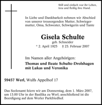Traueranzeige von Gisela Schulte von WESTFÄLISCHER ANZEIGER