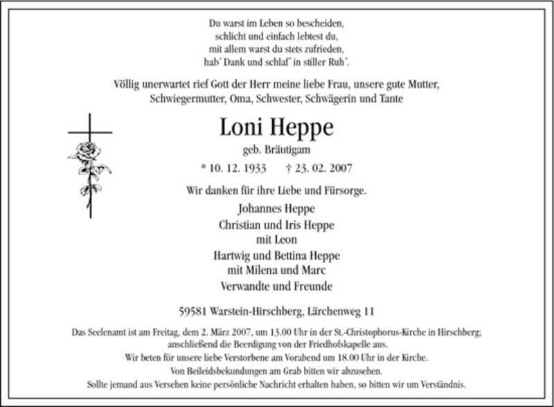  Traueranzeige für Loni Heppe vom 26.02.2007 aus WESTFÄLISCHER ANZEIGER