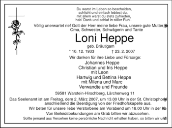 Traueranzeige von Loni Heppe von WESTFÄLISCHER ANZEIGER