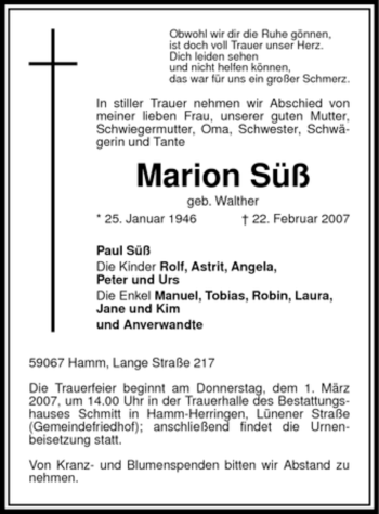 Traueranzeige von Marion Süß von WESTFÄLISCHER ANZEIGER