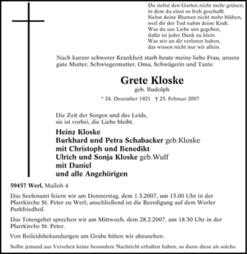 Traueranzeige von Grete Kloske von WESTFÄLISCHER ANZEIGER