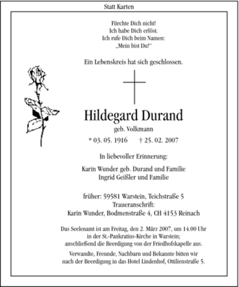  Traueranzeige für Hildegard Durand vom 27.02.2007 aus WESTFÄLISCHER ANZEIGER