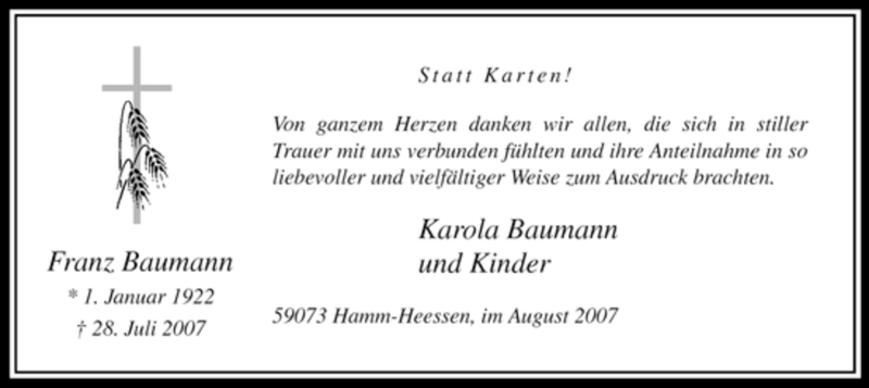  Traueranzeige für Franz Baumann vom 22.08.2007 aus WESTFÄLISCHER ANZEIGER