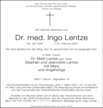 Traueranzeige von Ingo Lentze von WESTFÄLISCHER ANZEIGER