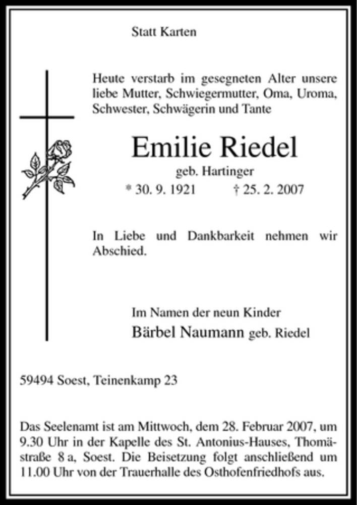  Traueranzeige für Emilie Riedel vom 27.02.2007 aus WESTFÄLISCHER ANZEIGER