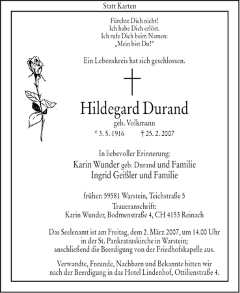  Traueranzeige für Hildegard Durand vom 27.02.2007 aus WESTFÄLISCHER ANZEIGER