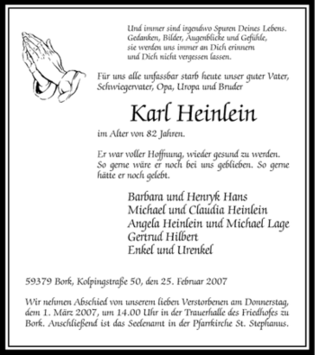 Traueranzeige von Karl Heinlein von WESTFÄLISCHER ANZEIGER