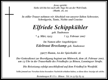 Traueranzeige von Elfriede Schippkühler von WESTFÄLISCHER ANZEIGER