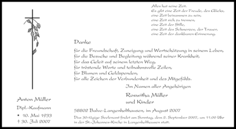  Traueranzeige für Anton Müller vom 25.08.2007 aus WESTFÄLISCHER ANZEIGER