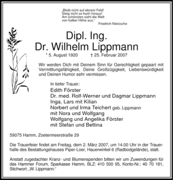 Traueranzeige von Wilhelm Lippmann von WESTFÄLISCHER ANZEIGER
