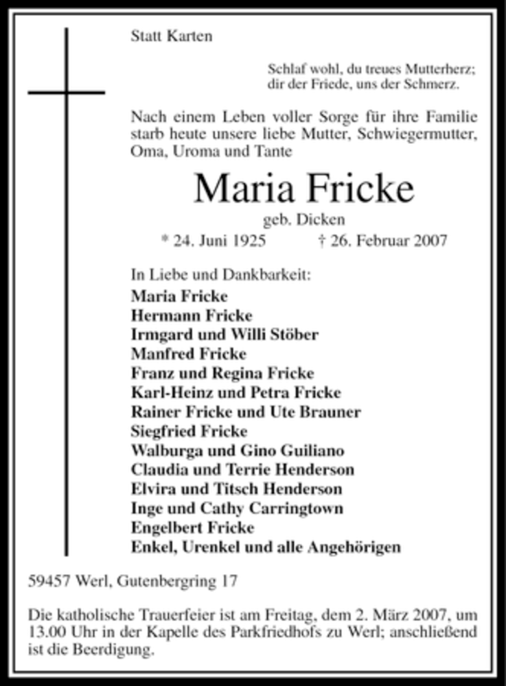  Traueranzeige für Maria Fricke vom 28.02.2007 aus WESTFÄLISCHER ANZEIGER
