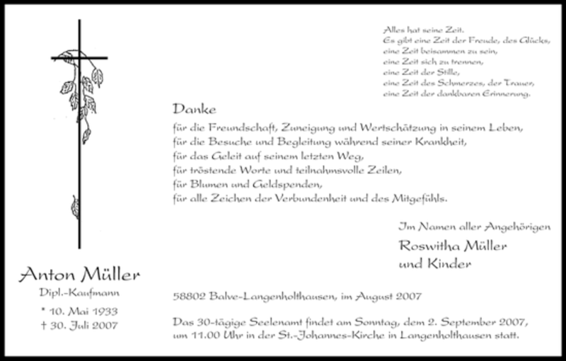  Traueranzeige für Anton Müller vom 25.08.2007 aus WESTFÄLISCHER ANZEIGER