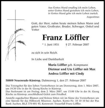 Traueranzeige von Franz Löffler von WESTFÄLISCHER ANZEIGER