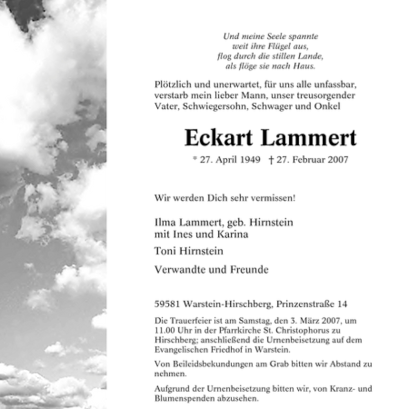  Traueranzeige für Eckart Lammert vom 01.03.2007 aus WESTFÄLISCHER ANZEIGER