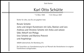 Traueranzeige von Karl-Otto Schütte von WESTFÄLISCHER ANZEIGER