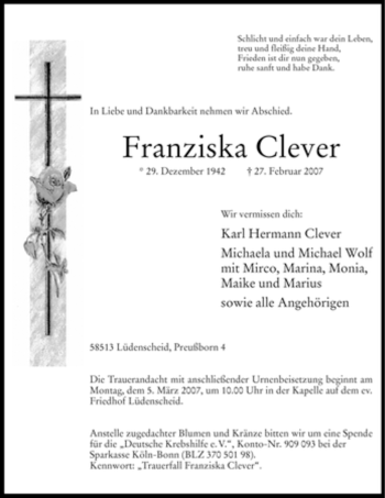 Traueranzeige von Franziska Clever von WESTFÄLISCHER ANZEIGER