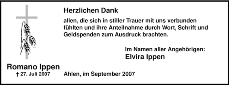  Traueranzeige für Romano Ippen vom 01.09.2007 aus WESTFÄLISCHER ANZEIGER