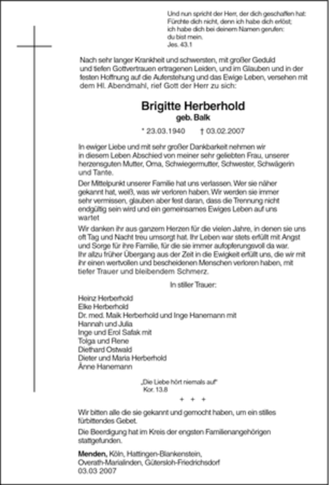  Traueranzeige für Brigitte Herberhold vom 03.03.2007 aus WESTFÄLISCHER ANZEIGER