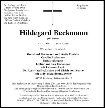 Traueranzeige von Hildegard Beckmann von WESTFÄLISCHER ANZEIGER