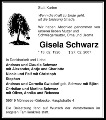 Traueranzeige von Gisela Schwarz von WESTFÄLISCHER ANZEIGER