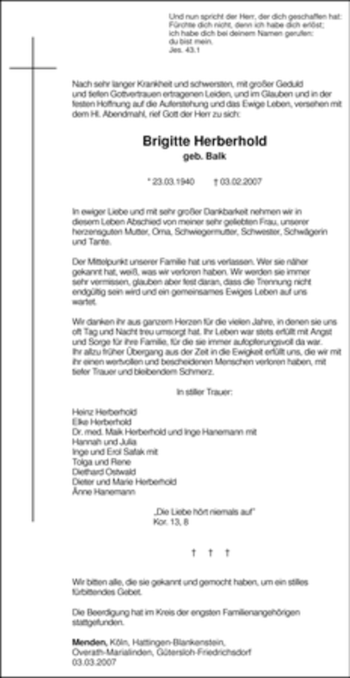 Traueranzeige von Brigitte Herberhold von WESTFÄLISCHER ANZEIGER