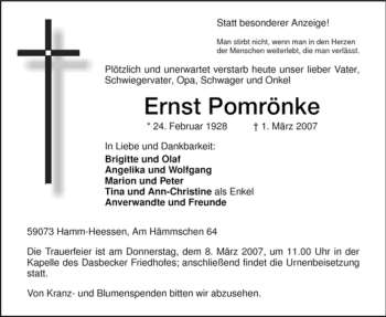 Traueranzeige von Ernst Pomrönke von WESTFÄLISCHER ANZEIGER