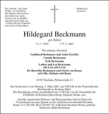 Traueranzeige von Hildegard Beckmann von WESTFÄLISCHER ANZEIGER
