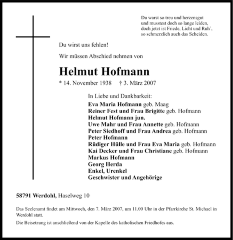  Traueranzeige für Helmut Hofmann vom 05.03.2007 aus WESTFÄLISCHER ANZEIGER