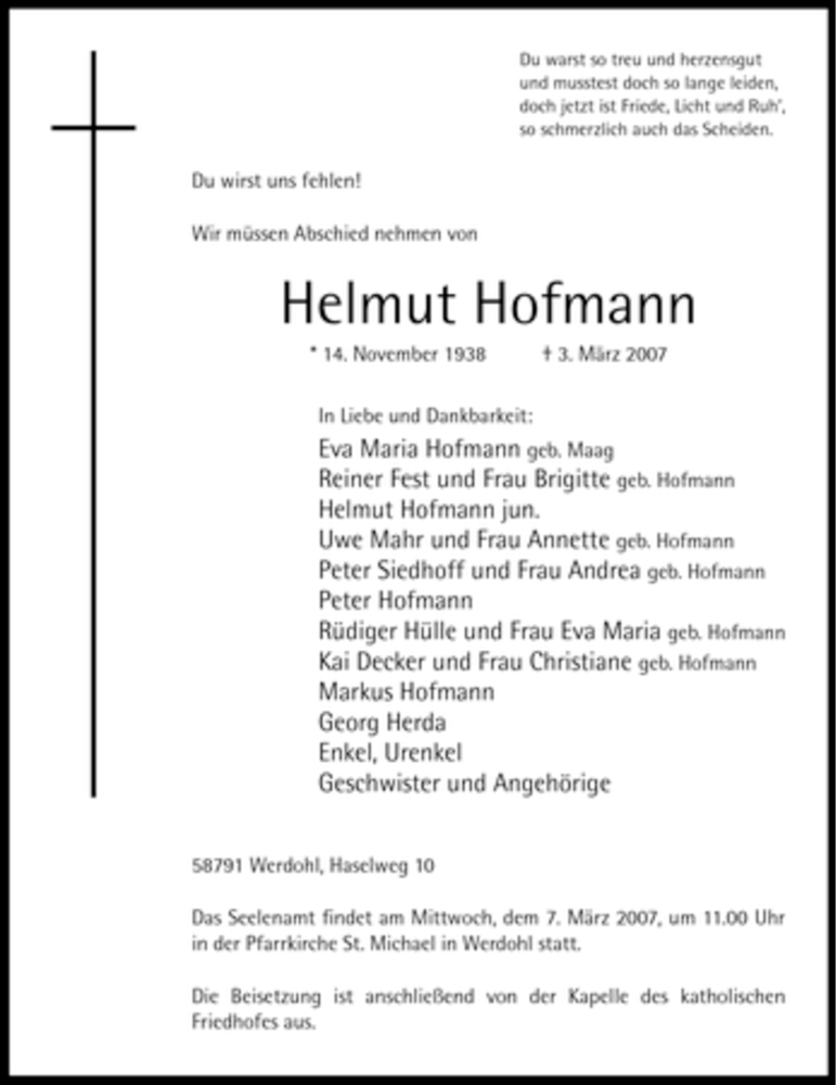  Traueranzeige für Helmut Hofmann vom 05.03.2007 aus WESTFÄLISCHER ANZEIGER