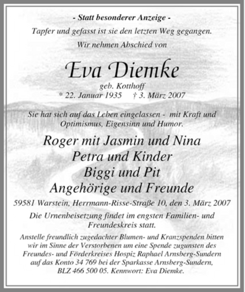  Traueranzeige für Eva Diemke vom 06.03.2007 aus WESTFÄLISCHER ANZEIGER