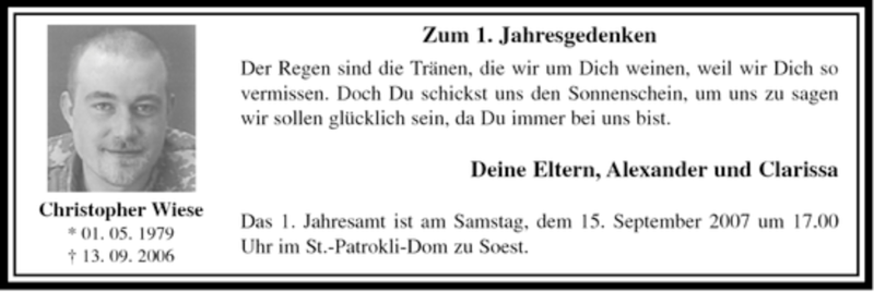  Traueranzeige für Christopher Wiese vom 13.09.2007 aus WESTFÄLISCHER ANZEIGER