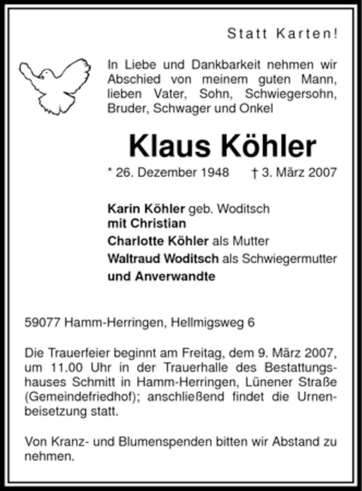  Traueranzeige für Klaus Köhler vom 06.03.2007 aus WESTFÄLISCHER ANZEIGER