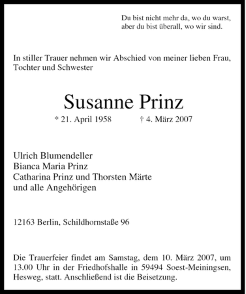  Traueranzeige für Susanne Prinz vom 07.03.2007 aus WESTFÄLISCHER ANZEIGER