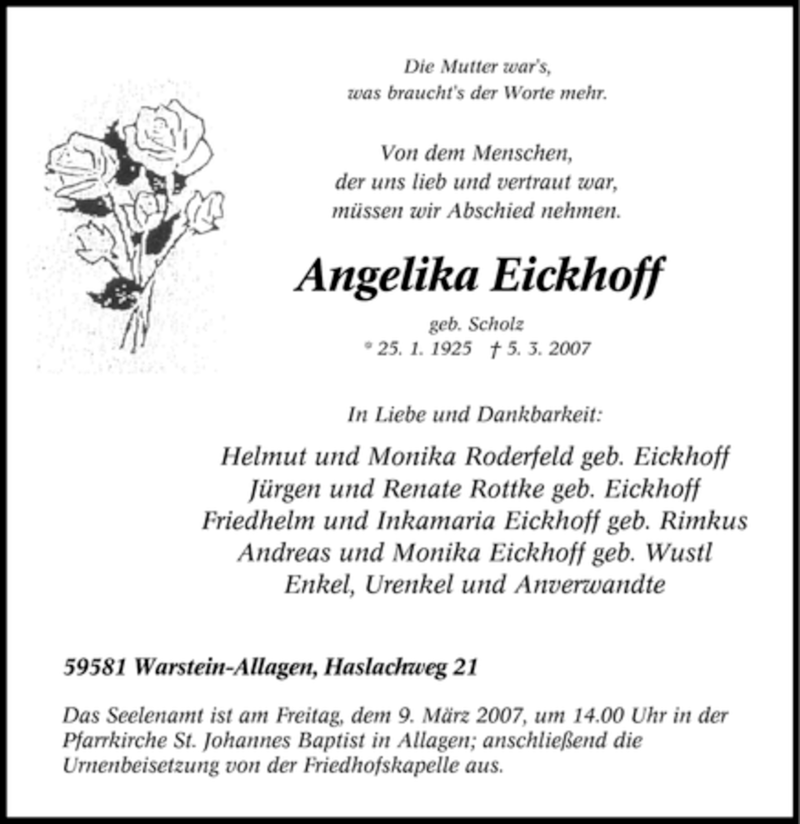  Traueranzeige für Angelika Eickhoff vom 07.03.2007 aus WESTFÄLISCHER ANZEIGER