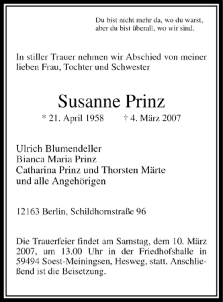  Traueranzeige für Susanne Prinz vom 07.03.2007 aus WESTFÄLISCHER ANZEIGER
