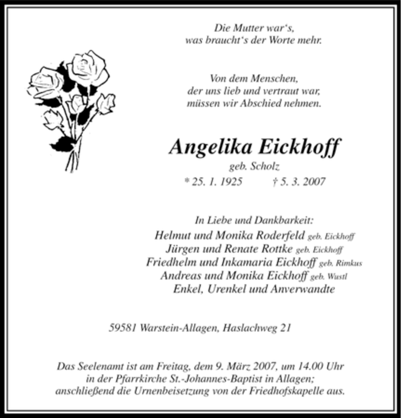  Traueranzeige für Angelika Eickhoff vom 07.03.2007 aus WESTFÄLISCHER ANZEIGER