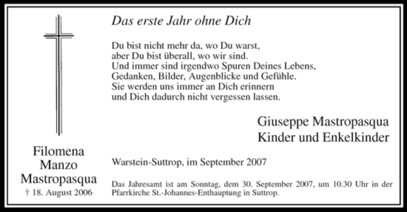  Traueranzeige für Filomena Manzo Mastropasqua vom 24.09.2007 aus WESTFÄLISCHER ANZEIGER