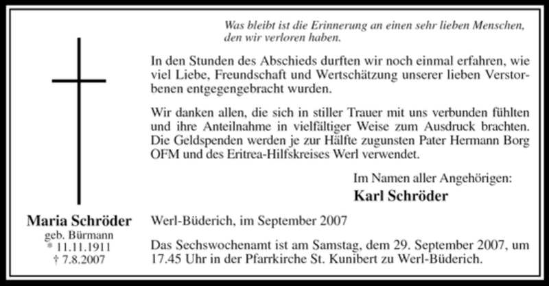  Traueranzeige für Maria Schroeder vom 25.09.2007 aus WESTFÄLISCHER ANZEIGER
