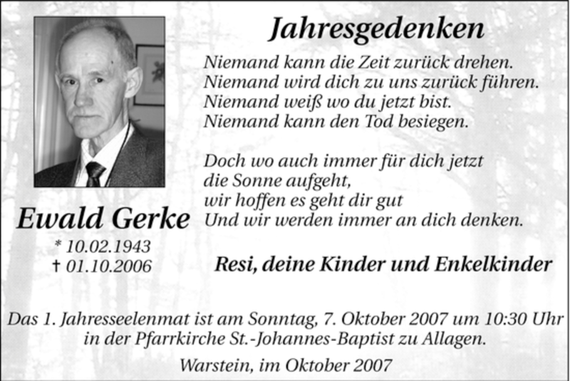  Traueranzeige für Ewald Gerke vom 01.10.2007 aus WESTFÄLISCHER ANZEIGER