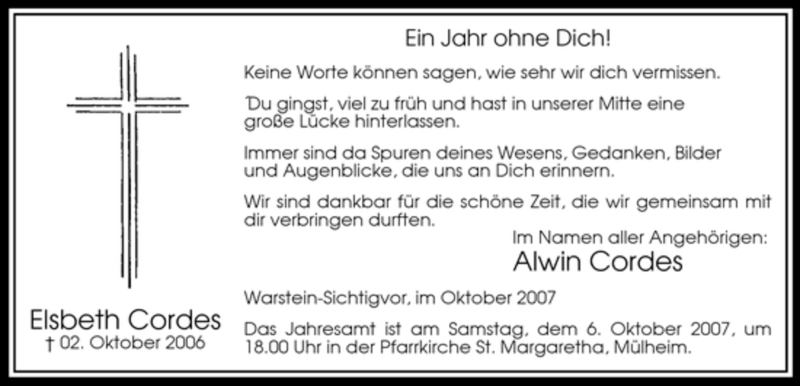  Traueranzeige für Elsbeth Cordes vom 02.10.2007 aus WESTFÄLISCHER ANZEIGER