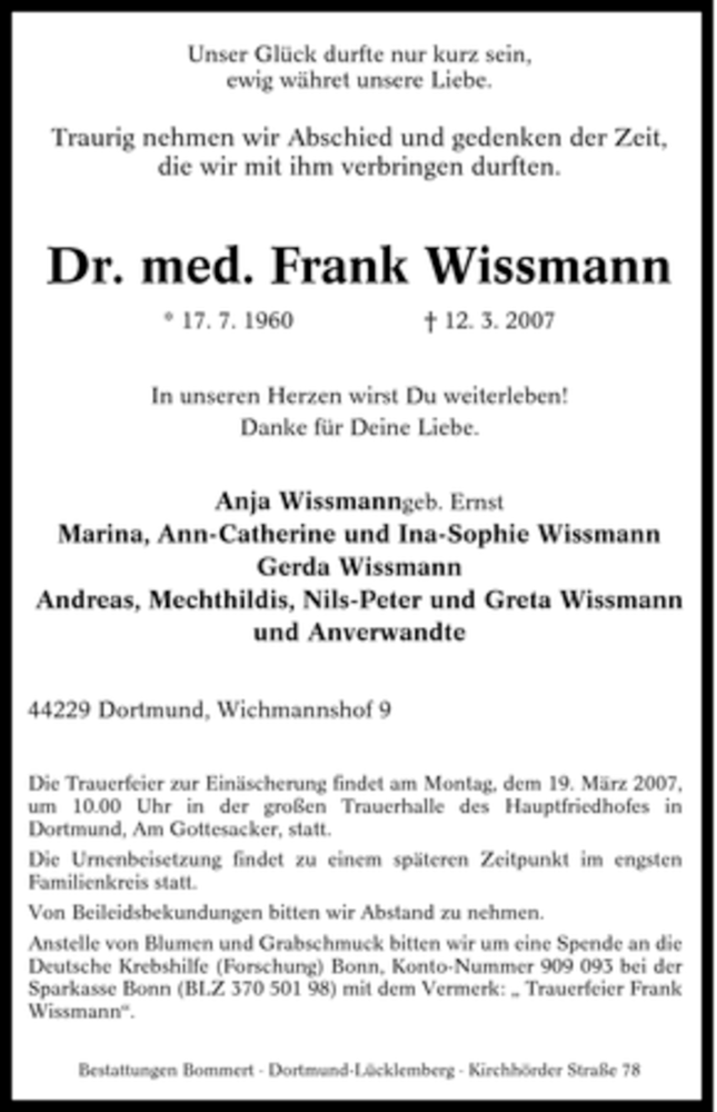  Traueranzeige für Frank Wissmann vom 15.03.2007 aus WESTFÄLISCHER ANZEIGER