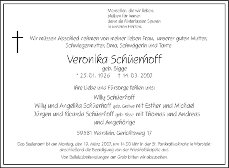  Traueranzeige für Veronika SChüerhoff vom 16.03.2007 aus WESTFÄLISCHER ANZEIGER