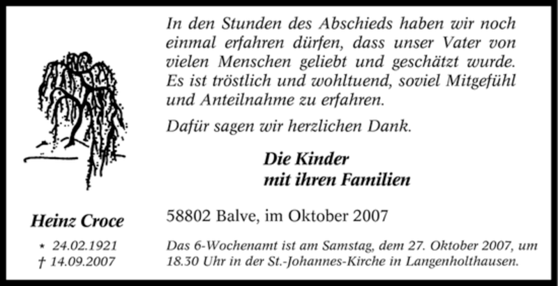 Traueranzeige für Heinz Croce vom 13.10.2007 aus WESTFÄLISCHER ANZEIGER