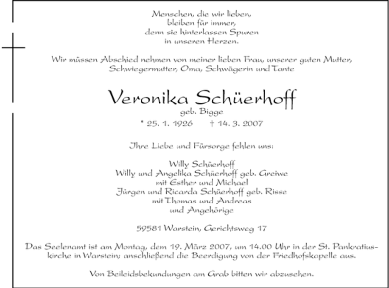  Traueranzeige für Veronika SChüerhoff vom 16.03.2007 aus WESTFÄLISCHER ANZEIGER