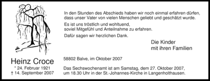  Traueranzeige für Heinz Croce vom 13.10.2007 aus WESTFÄLISCHER ANZEIGER