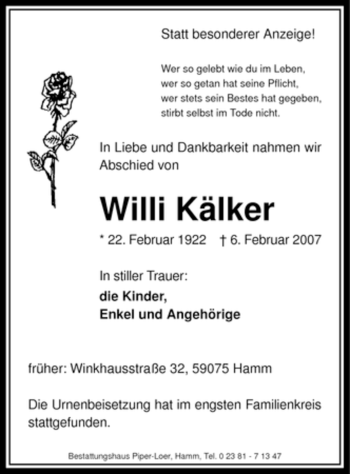 Traueranzeige von Willi Kälker von WESTFÄLISCHER ANZEIGER