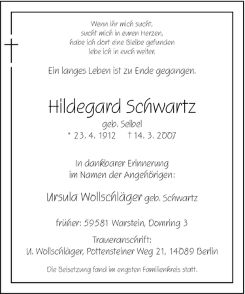  Traueranzeige für Hildegard Schwartz vom 19.03.2007 aus WESTFÄLISCHER ANZEIGER